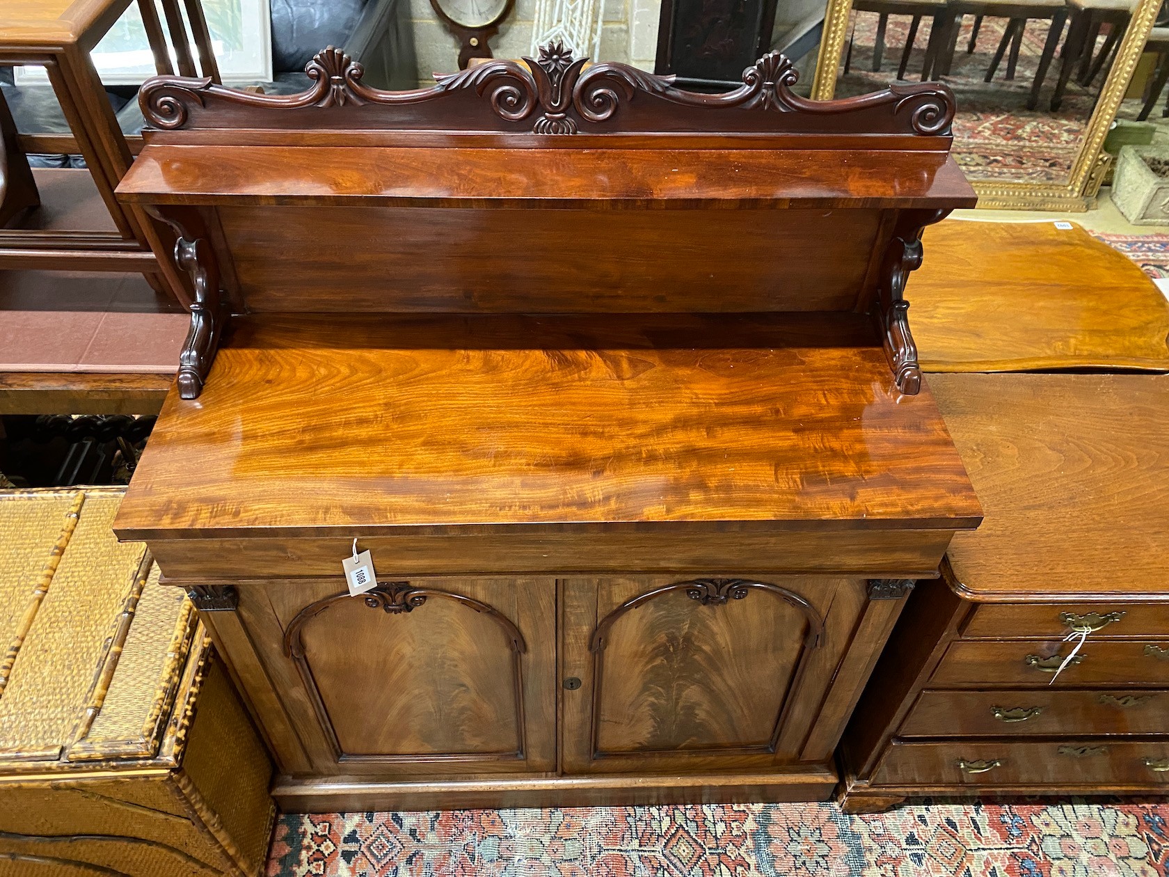 An early Victorian mahogany chiffonier, length 105cm, depth 42cm, height 129cm